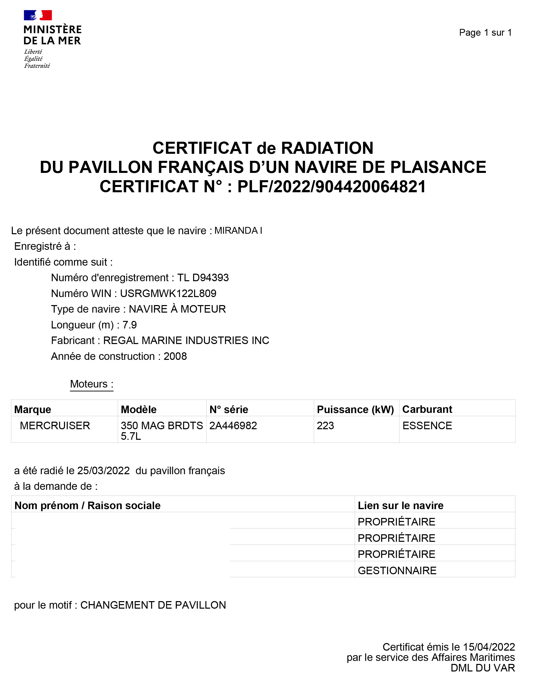 certificat de radiation bateau